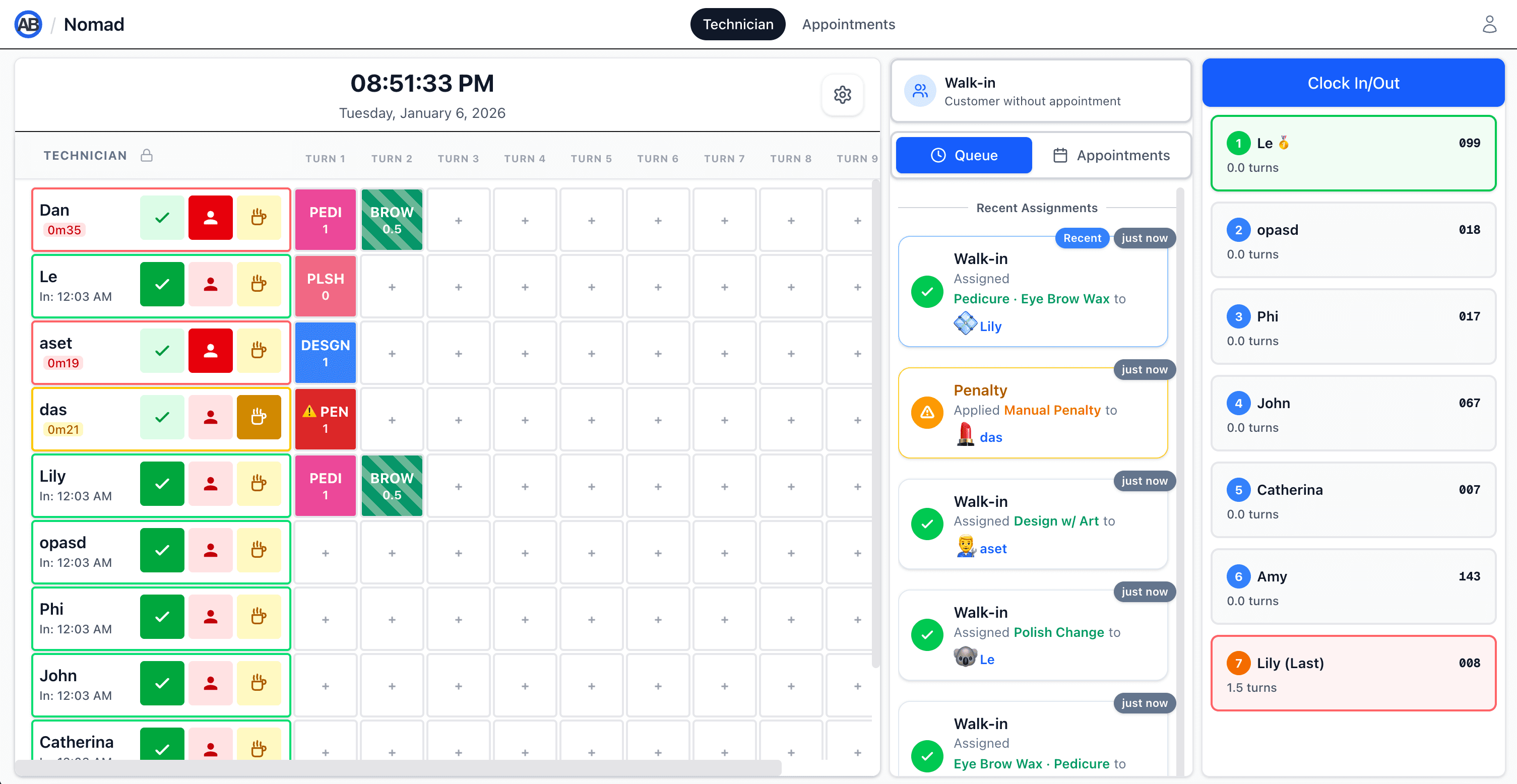 ABTurns live turn board — technician rankings, walk-in queue, and recent assignments
